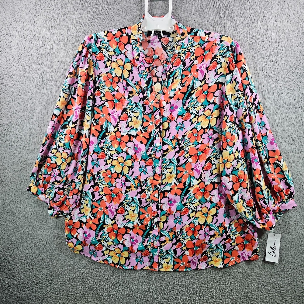 NEW Calessa Top Blouse Women 3X‎ Button Up Colorful Floral Print
